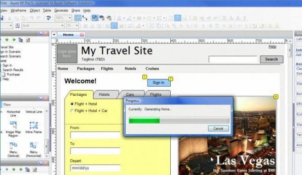Axure kann einzelne Bereiche einer Website (gelb markiert) mit HTML- und JavaScript-Aktionen belegen, um klickfähige Prototypen zu erstellen.