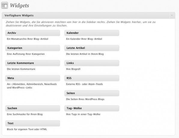Verfügbare Widgets kann man im Backend per Drag & Drop aktivieren.