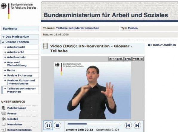 Sämtliche Webangebote des Bundes müssen barrierefrei sein. Ein Beispiel dafür sind Gebärdensprachvideos des Bundesministeriums für Arbeit und Soziales.