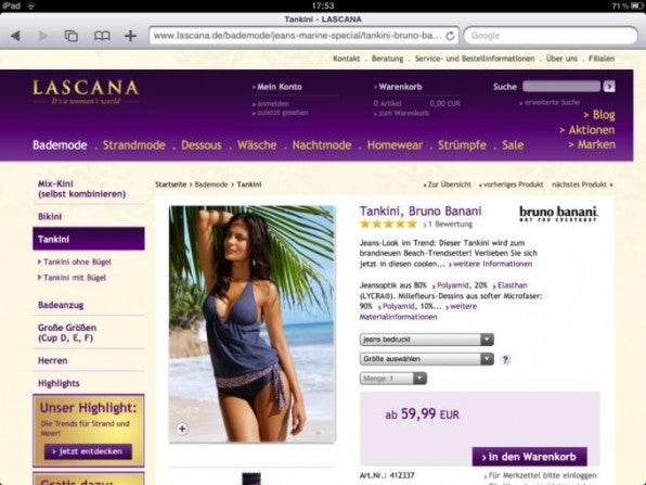 Der Webshop  von lascana.com gilt bereits heute als für das iPad optimiert. Der integrierte YouTube-Player spielt Videos  ab und umgeht so die  Flash-Beschränkung des Geräts.