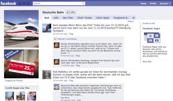 Die Chefticket-Kampagnenseite der DB auf Facebook enthält teilweise harsche Kritik, da sie für viele Nutzer der einzige Kanal zur Kommunikation mit dem Konzern ist. Die Chefticket-Kampagnenseite der DB auf Facebook enthält teilweise harsche Kritik, da sie für viele Nutzer der einzige Kanal zur Kommunikation mit dem Konzern ist.