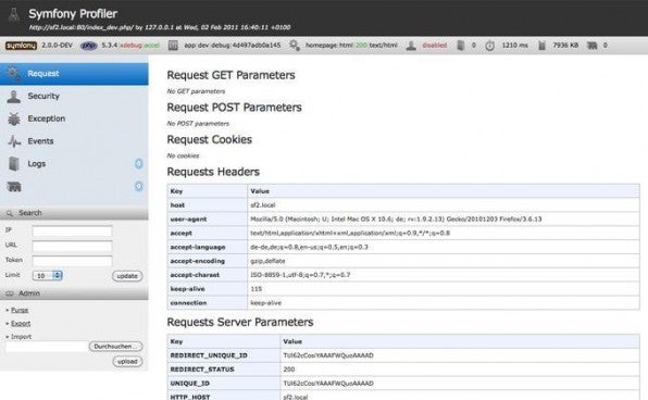 Die komplett neue Web Debug Toolbar enthält nun auch einen Profiler, der eine detaillierte Performance-Analyse einer Symfony-2-Applikation ermöglicht.