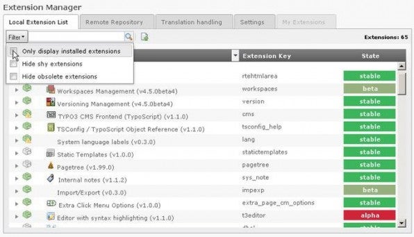 Der neue Extension Manager basiert auf ExtJS und bietet eine Grid-Ansicht.