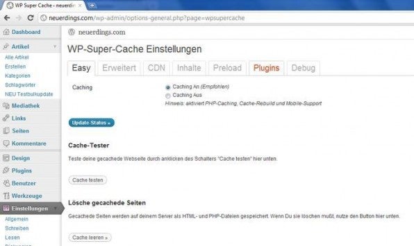 Aktiviertes WP-Super-Cache-Plugin: Die Einstellung „Cache An (Empfohlen)“ reicht meistens schon.