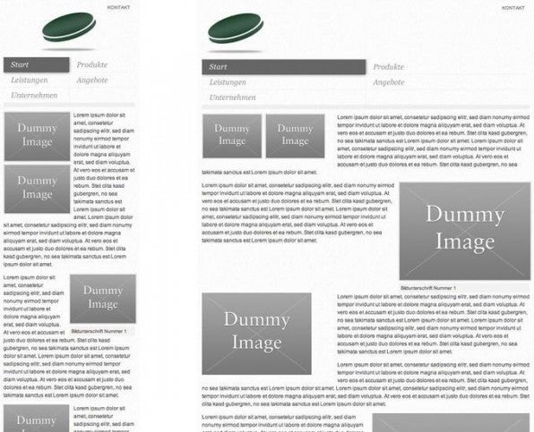 Beispiel der Darstellung von Inhaltselementen in verschiedenen Bildschirmgrößen – links: 320px Breite, rechts: 768px Breite.