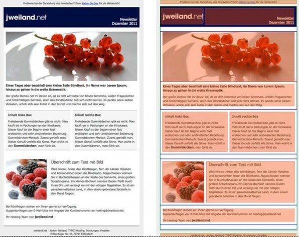 Die Umsetzung eines HTML-Newsletters: Links die Version, wie sie im E-Mail-Programm angezeigt wird; rechts das Tabellen-Layout mit sichtbar gemachter Aufteilung der Tabellen-Spalten, -Zeilen und -Zellen.