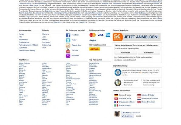 Große Footer wie bei Zalando mit Informationen zu Bezahl- und Versandmöglichkeiten und Sicherheitssiegeln eignen sich hervorragend, um Sicherheit zu vermitteln und den Nutzer über den Shop zu informieren.