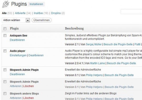 Nachdem die Datei erstellt und mit dem Plugin-Header versehen ist, taucht sie im Backend auf und kann aktiviert werden.