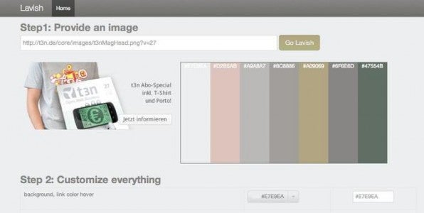 Am Beispiel einer t3n-Grafik kann man sehen, wie Lavish mit einem Klick ein Farbschema für Bootstrap erzeugt. Am Beispiel einer t3n-Grafik kann man sehen, wie Lavish mit einem Klick ein Farbschema für Bootstrap erzeugt.