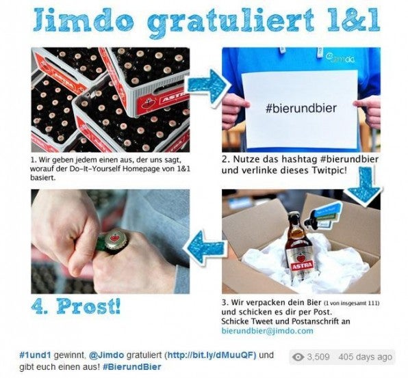 Mit dieser Aktion wies Jimdo öffentlichkeitswirksam darauf hin, dass der Webseitenbaukasten von 1&1 auf der jimdo-Technik basiert. Mit dieser Aktion wies Jimdo öffentlichkeitswirksam darauf hin, dass der Webseitenbaukasten von 1&1 auf der jimdo-Technik basiert.