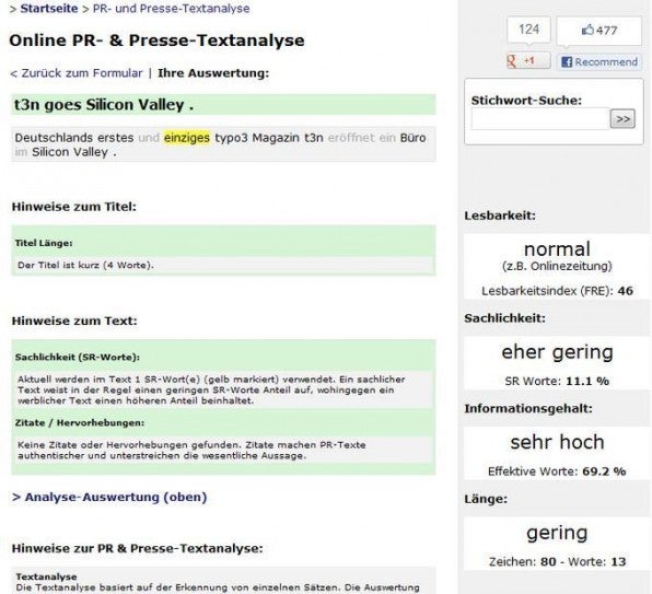 Mit dem Textanalyse-Tool von Presse Anzeiger können Pressemitteilungen auf Buzz-Words und andere sprachliche Dinge hin untersucht werden. Mit dem Textanalyse-Tool von Presse Anzeiger können Pressemitteilungen auf Buzz-Words und andere sprachliche Dinge hin untersucht werden.