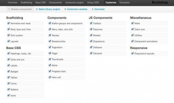 Die verschiedenen Elemente der Bootstrap-Toolbox können einfach zusammengeklickt werden; Komponenten, die man sicher nicht braucht, müssen nicht manuell aussortiert werden, sondern werden gar nicht erst mitgeladen. Die verschiedenen Elemente der Bootstrap-Toolbox können einfach zusammengeklickt werden; Komponenten, die man sicher nicht braucht, müssen nicht manuell aussortiert werden, sondern werden gar nicht erst mitgeladen.