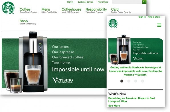 Responsive Webdesign am Beispiel Starbucks.com – eine Domain, zwei Layouts: die stationäre und mobile Variante.