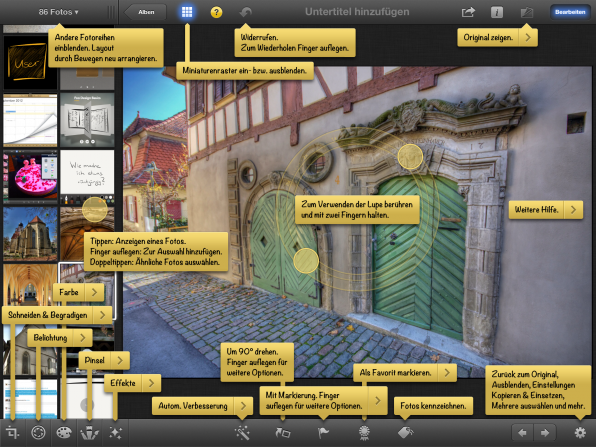 Vorbildliche Nutzerführung. Die iPhoto-App klärt den Nutzer über alle vorhandenen Gesten und die Funktionen der Oberflächenelemente zur Steuerung der Bildbearbeitung auf.