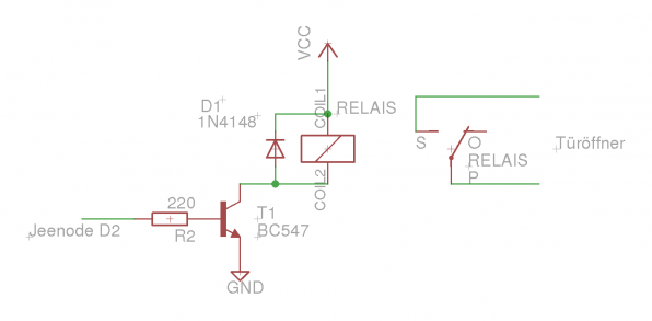 Der Schaltplan des Türöffners: VCC (Pin für positive Versorgungsspannung) und GND (Masse) müssen mit der Versorgungsspannung und Masse der JeeNode verbunden sein.
