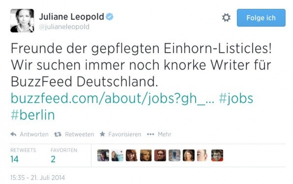 14 Retweets und zwei Favorites: Jobangebote werden gerne geteilt. Je mehr Mitarbeiter die Vakanz posten, desto höher die gesamte Reichweite für die Ausschreibung.