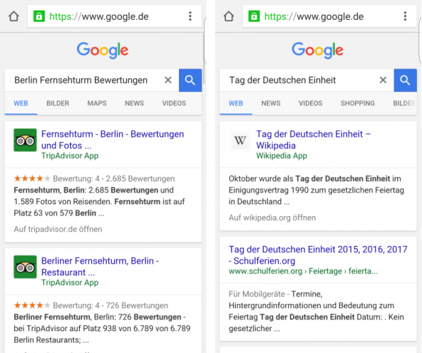 Google-Deep-Links auf Android im Google-Chrome-Browser – wie man sieht, spuckt die Suche nach Reisezielen zahlreiche App-Deeg-Links aus. Reiseveranstalter nutzen auf dem hart umkämpften Markt also bereits das neue Potenzial.