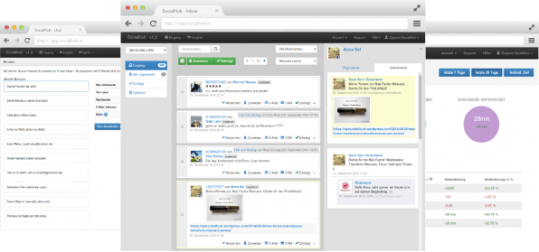 Mit dem Tool Social Hub können Social-Media Strategen gleich mehrere Plattformen gleichzeitig monitoren. Die Beantwortung von Kommentaren und Nachrichten lassen sich dabei auch leicht auf unterschiedliche Team-Mitglieder verteilen.