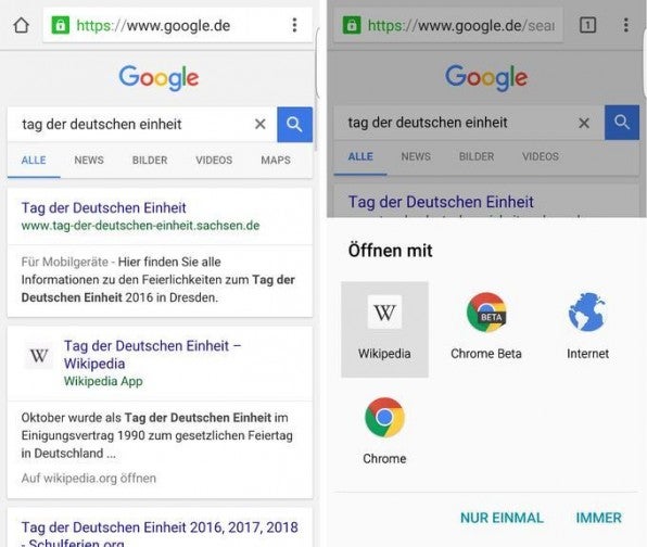 Wenn eine App richtig indexiert ist, können Nutzer wählen, ob sie bestimmte Inhalte in einer App oder im Browser öffnen möchten, hier als Beispiel die Information von Wikipedia. Auf diese Weise können Entwickler die User Experience in Bezug auf ihre Inhalte und Angebote verbessern.