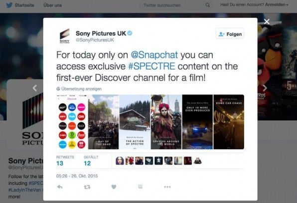 Der erste Snapchat-Discover-Channel für einen Film: Sony Pictures Entertainment kündigte die Vorschau zum neuen James-Bond-Streifen „Spectre“ bei Twitter an. Der erste Snapchat-Discover-Channel für einen Film: Sony Pictures Entertainment kündigte die Vorschau zum neuen James-Bond-Streifen „Spectre“ bei Twitter an.