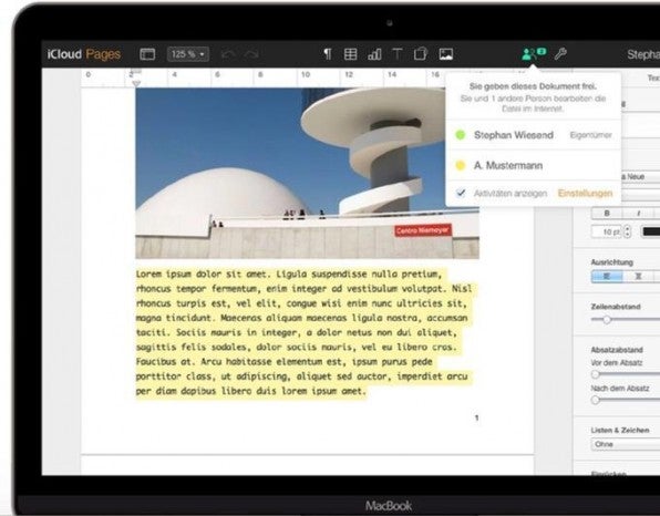 Arbeiten zwei Anwender gleichzeitig an einem iWork-Dokument, zeigen farbige Markierungen die Änderungen des anderen Nutzers. Arbeiten zwei Anwender gleichzeitig an einem iWork-Dokument, zeigen farbige Markierungen die Änderungen des anderen Nutzers.