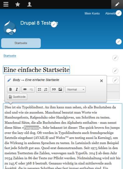 Drupal 8 kommt endlich mit einem integriertem WYSIWIG-Editor, und zwar mit dem umfgangreich konfigurierbaren CKEditor. Drupal 8 kommt endlich mit einem integriertem WYSIWIG-Editor, und zwar mit dem umfgangreich konfigurierbaren CKEditor.