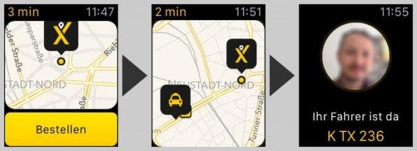 Minimale Interaktion: Die App MyTaxi ruft auf der Apple Watch per Knopfdruck ein Taxi und zeigt dann die Zeit bis zur Ankunft.
