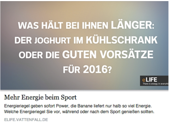 Das Posting auf Vattenfalls Facebook-Kanal nimmt den Jahreswechsel zum Anlass, um auf bestehende Inhalte der Webpräsenz aufmerksam zu machen.