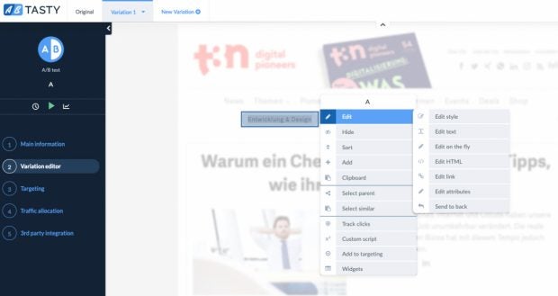 Zu den bekanntesten A/B-Testing-Tools gehört beispielsweise AB Tasty. Im „Variation Editor“ lassen sich einzelne Elemente auswählen und bearbeiten. (Screenshot: AB Tasty)