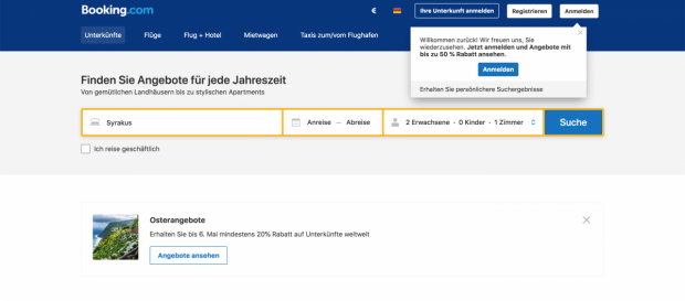 Nicht-modale Dialoge deaktivieren im Gegensatz zu den modalen Dialogen den Haupt-Screen nicht. Sie legen sich über das eigentliche Interface und weisen so auf Informationen oder mögliche Interaktionen hin. Der Nutzer kann sie aber ignorieren und wegklicken. Ein Beispiel dafür sind Aufforderungen, sich anzumelden oder einzuloggen, wie bei Booking.com. (Screenshot: Booking.com)