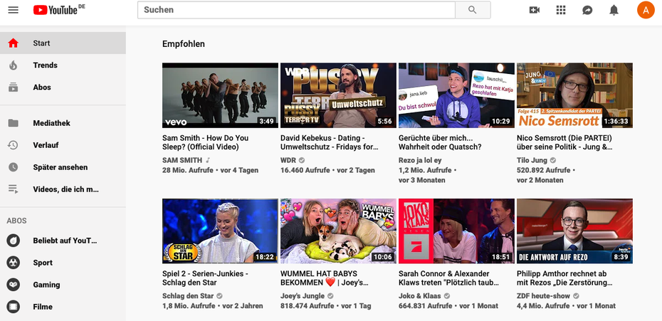 Die Youtube-Startseite, bestehend aus Vorschaubildern, Werbeanzeigen, Popups, großem Headerbild und vielem mehr verbraucht hingegen deutlich mehr CO2 pro Aufruf. (Screenshot: Youtube)