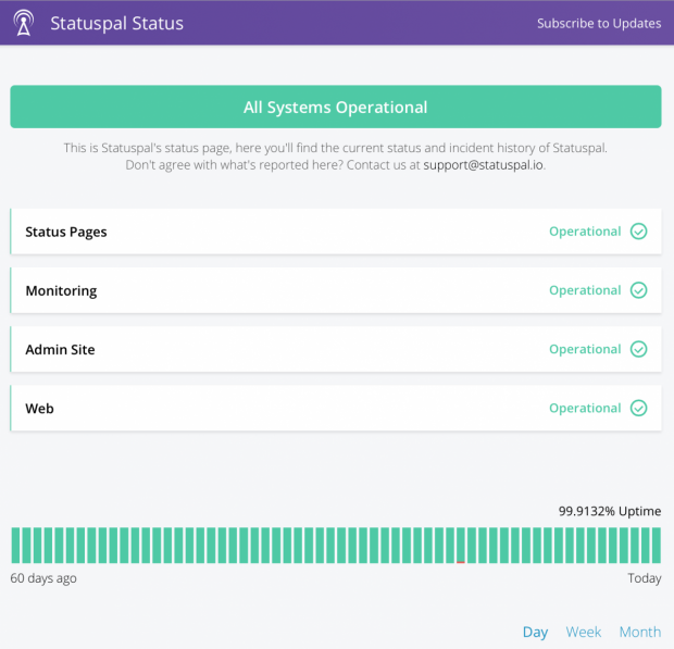 Öffentliche Status-Seiten (hier: Statuspal) liefern detaillierte Angaben zu Ausfallzeiten, durchschnittlichen Antwortzeiten und mehr. Sie gehören inzwischen zum Standard-Repertoire moderner Überwachungsdienste. (Screenshot: Statuspal)