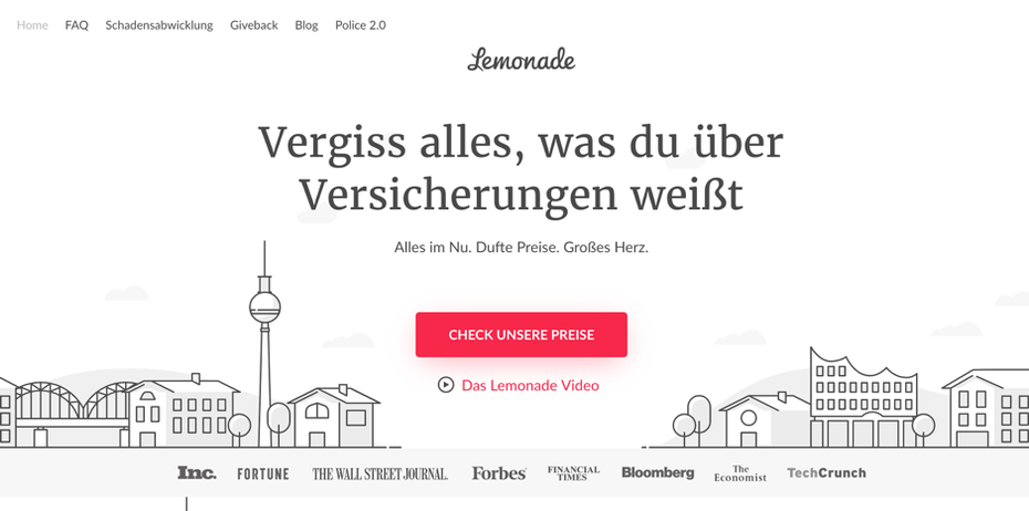 Eine klare Botschaft und ein ansprechendes Erklärvideo mit individuellen Grafiken auf der Startseite: Die Website des Versicherungsanbieters Lemonade regt die Nutzer an, den Besuch der Website als Reise zu erleben. (Screenshot: Lemonade)