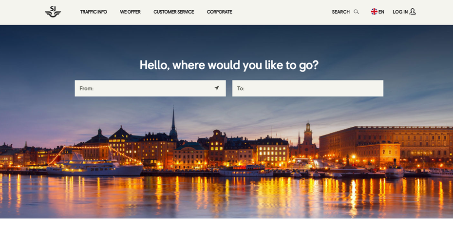 Weniger ist mehr, das zeigt der Vergleich des UX-Designs von deutscher und schwedischer Bahn: Während die Deutsche Bahn ihre Nutzer mit zu vielen Interaktionsmöglichkeiten überfordert, gibt die Website der schwedischen Bahn eine klarere Orientierung durch ein reduzierteres, minimalistischeres Design. (Screenshot: Statens Järnvägar)