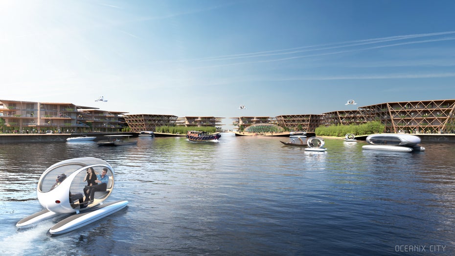 Küstenstädte sind vom steigenden Meeresspiegel bedroht. Eine mögliche Lösung: Die Stadt wandert teilweise auf das Wasser. Wie hier in einem Konzept des dänischen Architekturbüros Bjarke Ingels Group. (Abbildung: Bjarke Ingels Group) Klimakatastrophe: Drei Szenarien zum (Über-)Leben in der Zukunft