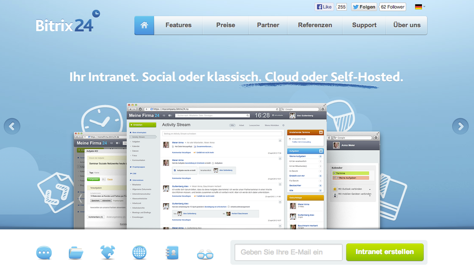 Das Enterprise-Social-Network Bitrix24  beinhaltet die gängisten Tools eines klassischen Intranets wie beispielsweise Aufgaben, Kalender oder auch ein CRM.