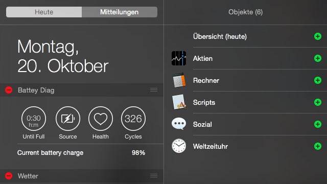Mitteilungszentrale. (Screenshot: OS X Yosemite) Apps für OS X Yosemite: Diese Programme bieten praktische Widgets für die Mitteilungszentrale