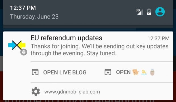 The Guardian experimentiert mit Push Notifications. (Screenshot: The Guardian Mobile Innovation Lab)