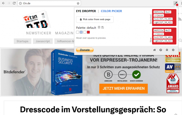 „Eye Dropper” verrät euch, welche Farbe wo in der Website verwendet wurde. (Screenshot: t3n)