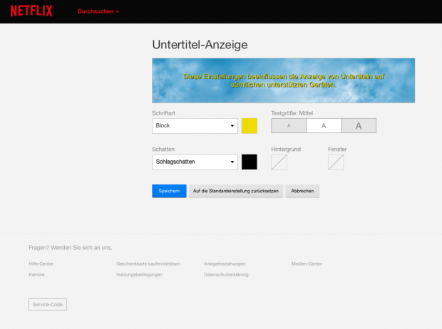 Benutzeroberfläche zum Einstellen der Farbe, Schriftart und Größe von Untertiteln.
