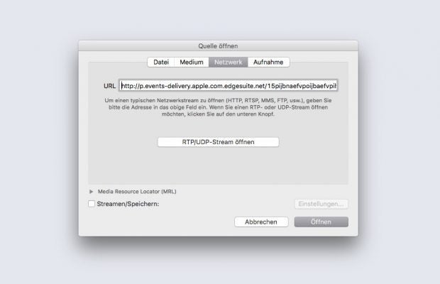 Per VLC Player könnt ihr das iPhone-Event auch auf Android oder Linux und außerhalb des Safari- und Edge-Browsers ansehen. (Screenshot: t3n)