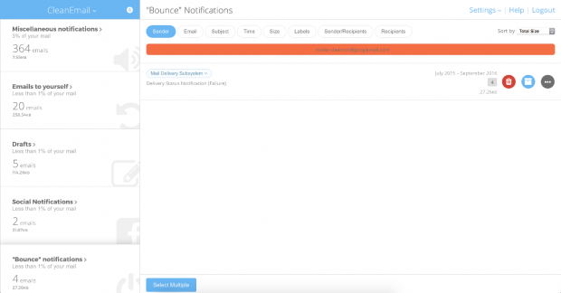 Cleanemail gliedert die Mails nach unterschiedlichen Kriterien und zeigt an, wie viele Treffer es jeweils gibt. (Screenshot: Cleanemail)