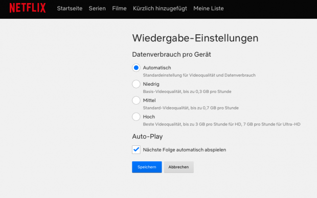 Benutzeroberfläche zum Einstellen der Streaming-Qualität.