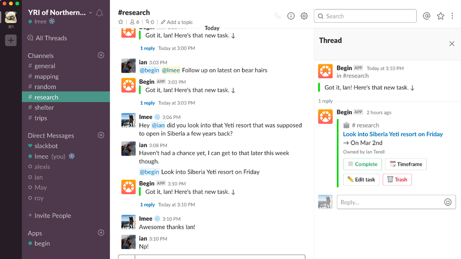 Neue Aufgaben erscheinen in einem eigenen Thread. (Screenshot: Begin/Small Wins)