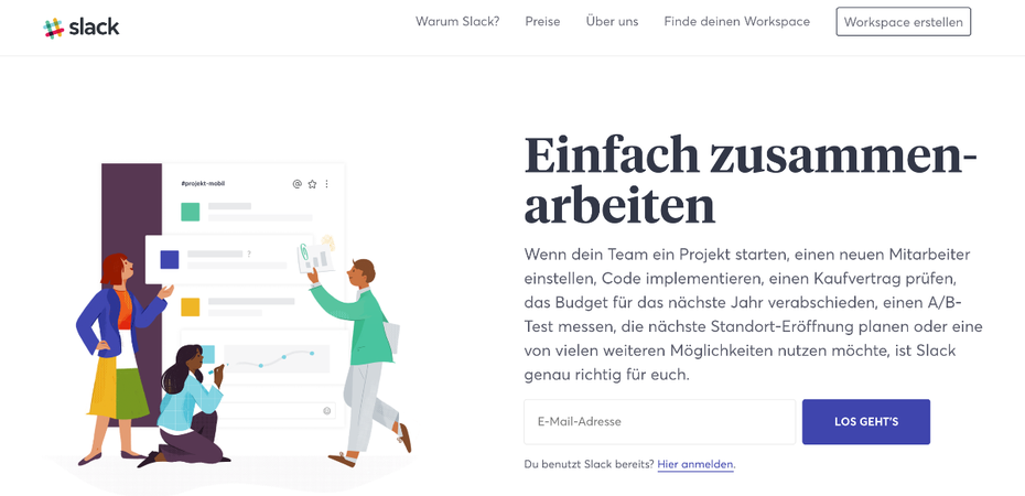 Das primäre Menü von Slack ist einfach und nach Wichtigkeit sortiert. (Screenshot: Slack/t3n.de) 