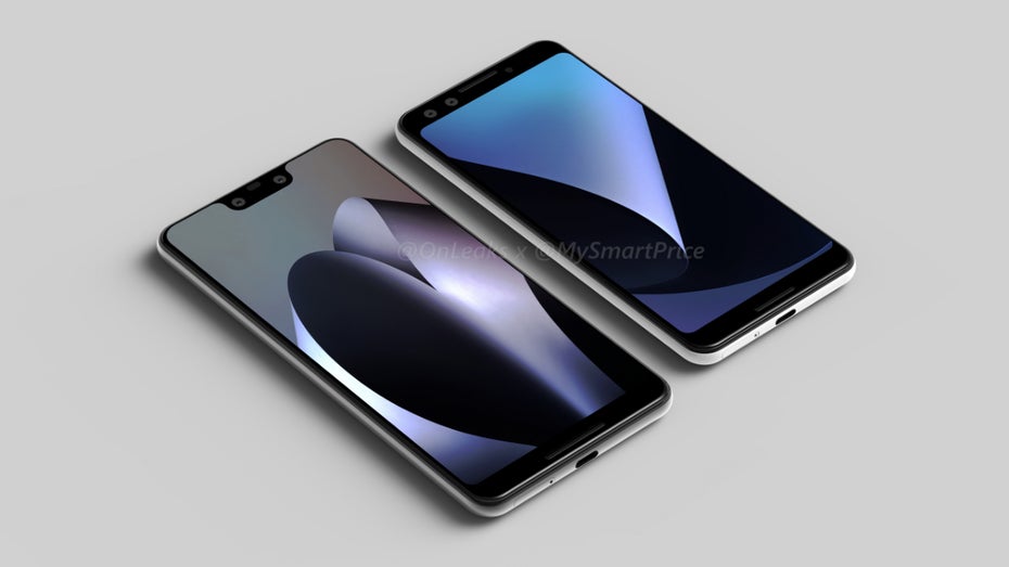 Beide Vorderseiten: Das Google Pixel 3 neben dem Pixel 3 XL. (Bild: Onleaks, Mysmartprice)