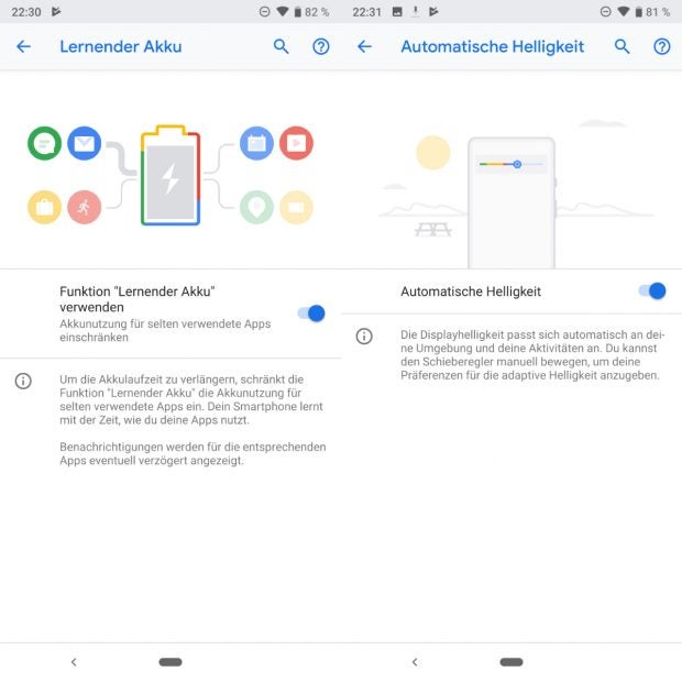 Android 9 Pie mit KI-Funktionen zur Optimierung von Akkulaufzeit und Displayhelligkeit. (Bild: t3n.de)