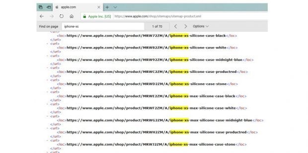 Die Namen der neuen hat Apple selbst in der Sitemap des Stores enthüllt. (Screenshot: 9to5Mac)