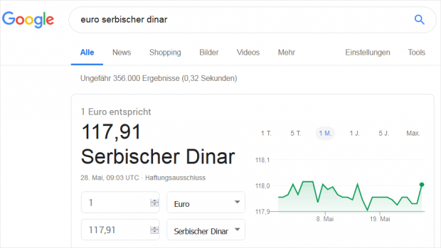 Google Suche: Umrechnungskurs