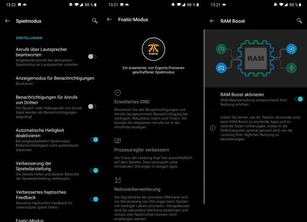 Das Oneplus 7 Pro kommt mir Gaming- und Fnatic-Modus sowie RAM-Boost. (Screenshots: t3n)